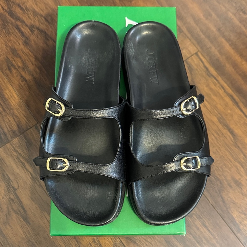 J. Crew Black Slide Sandals with Gold Buckles